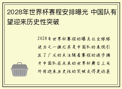 2028年世界杯赛程安排曝光 中国队有望迎来历史性突破